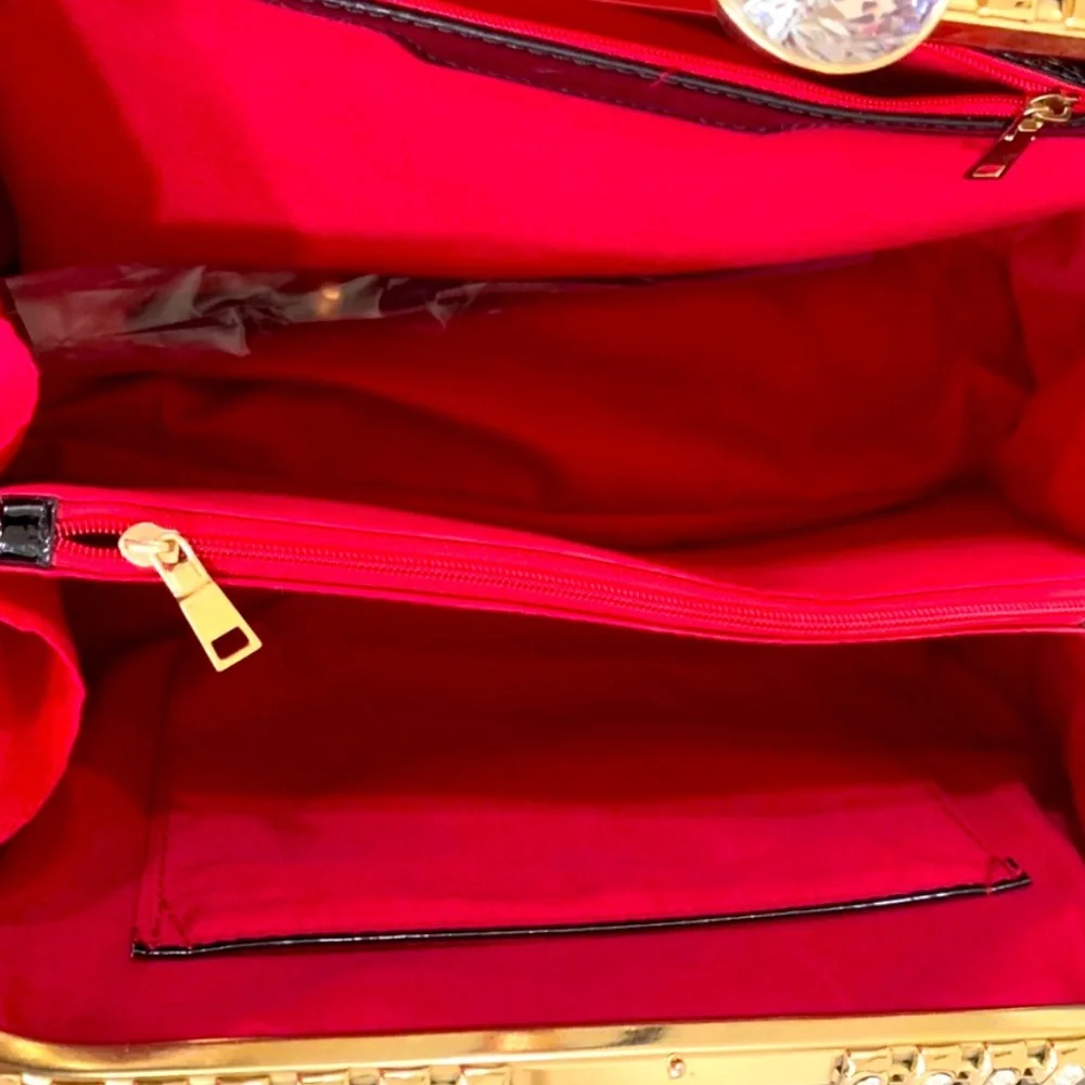 Floral & Giant Rhinestone Frame Satchel Hardshell Purse Crossbody Medium-Large - Picture 2 of 7